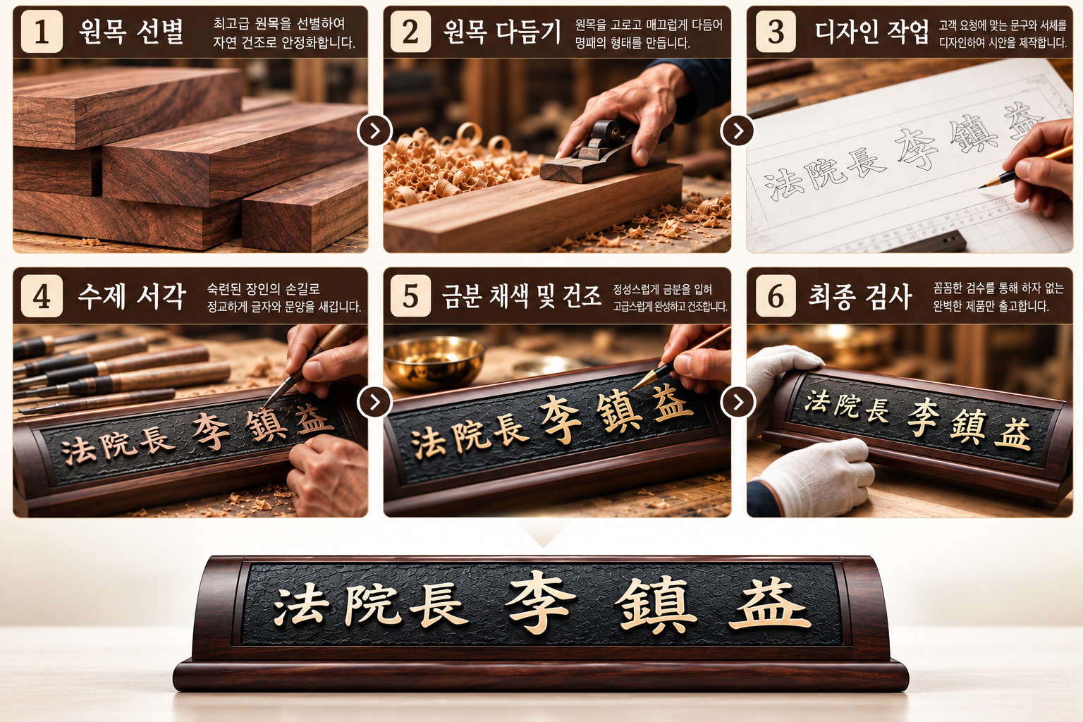 수제 원목 명패 제작 과정 - 1 원목 선별, 2 원목 다듬기, 3 디자인 작업, 4 수제 서각, 5 금분 채색 및 건조, 6 최종 검사